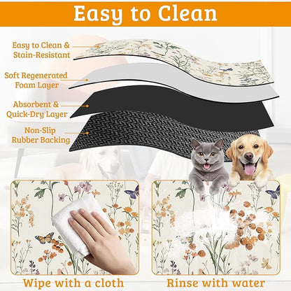 Wildflowers Butterfly Dog Cat Food Mat,Plants Absorbent Waterproof Placemat for Food and Water Non Slip Rubber Backing Durable Feeding Pad for Clean Floors 12" x 20"