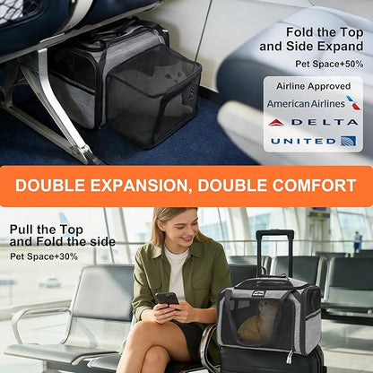 Top and Side Expandable Pet Carriers, 16x11x11 Airline Approved Soft-Sided Cat Carrier for Small Dogs and Cats, in-Cabin Travel Carrier with Anti-Scratch Mesh, Grey