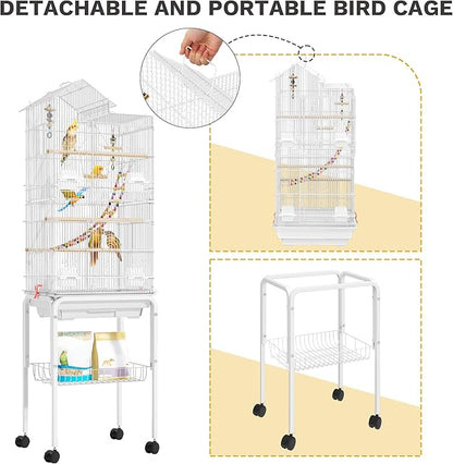62-inch Metal Bird Cage: Spacious Bird Cage for Cockatiels, Parrots, Pigeons, Lovebirds, Features Roof Access and Rolling Stand, White