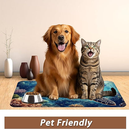 Turtle Dog Cat Food Mat,Coral Fish Absorbent Pet Feeding Mat for Food and Water,Non-Slip Dog Bowl Mats Floor Protector 12"x20"