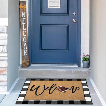 Tinideya 2 Pcs Door Mat Welcome Non Slip Coir Mats Floor Layering Doormats Seasonal for Front Porch Entryway Decor(Football)