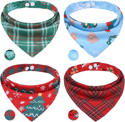 PAWCHIE Christmas Dog Bandanas 4 Pack, Reversible Dog Party Triangle Scarf Bibs, Pet Holiday Costume with Adjustable Snaps, Multiple Christmas-Themed Patterns for Small Medium Dogs Puppy, Cats, Pets