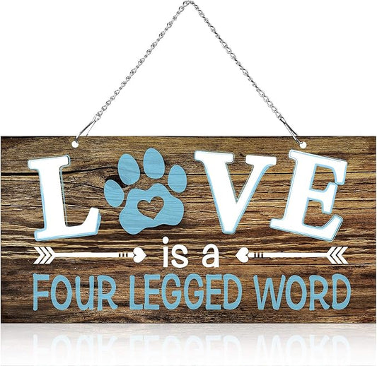 Dog Wall Decor Room Love Is a Four Legged Word Pet Paw Sign Dog Vintage Metal Hanging Decorative Signs Plaque Wall Decorative for Christmas Pet Lover Gifts Thanksgiving(10 x 5 Inch)