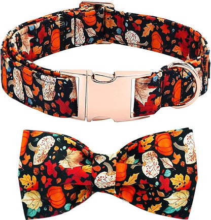 Fall Dog Collar, Leaf Pumpkin Print Adjustable Pet Collar Cute Cotton Soft Collars with Bow Tie Metal Buckle Holiday Puppy Collars Boy&Girl Gift for X-Small Dogs