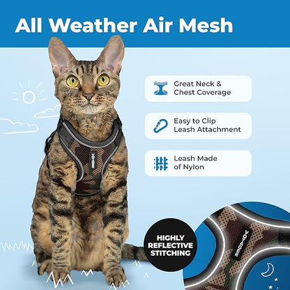 Voyager Escape-Proof Step-in Lock Cat Harness & 5ft Neoprene-Handle Leash Set All-Weather Mesh with Reflective Stitching for Small to Large Cats by Best Pet Supplies, Army (327), M
