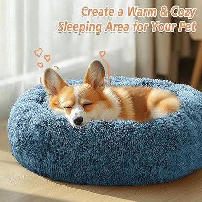 JOLLYVOGUE Calming Dog Bed for Small Dogs - 23 inches Donut Washable Small Dog Bed for Kittens & Puppies, Anti-Slip Round Fluffy Plush Faux Fur Cat Beds (Fits up to 25 lbs Pets, Blue)