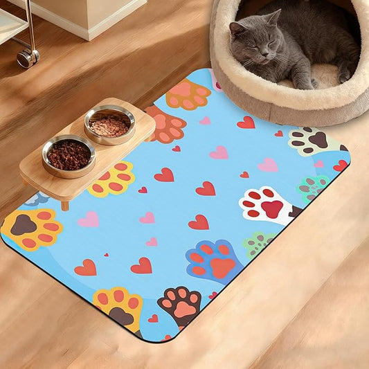 Pet Feeding Mat,Dog Paws Absorbent Dog Cat Food Mat Cute Cat Dog Mat with Rubber Backing,Non-Slip Water Bowl Placemat,Pet Supplies 16" x 24"
