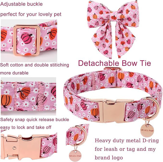 Halloween Pumpkin Dog Collar with Bow Tie, Pink Halloween Puppy Bowtie Collar with Adjustable Metal Buckle,Fancy Dog Collar Bowtie for Girl Boy Dog,L