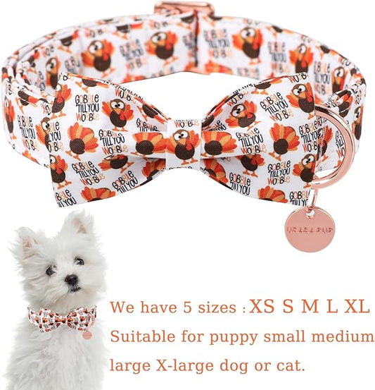 Thanksgiving Dog Collar with Bow Tie, Turkey Cotton Bowtie Collar for Puppy Girl Dog or Cat, Autumn Bow Tie Collar with Durable Metal Buckle, Turkeys Pet Collar, XS, Neck 8-12in