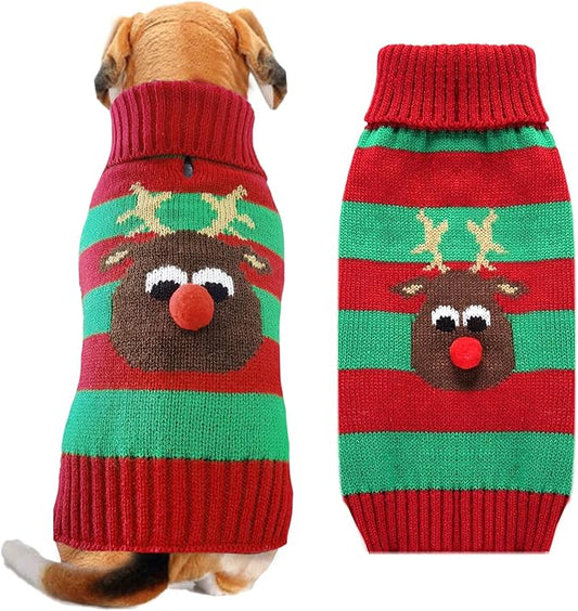 Dog Cat Christmas Sweater Boy Girl Ugly Reindeer Xmas Pet Clothes Holiday Puppy Costume New Year Gifts for Small Medium Large Dogs Outfits (XXL, Red Green Stripe Reindeer)