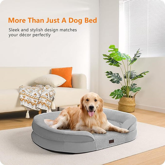 Dwanton Orthopedic Dog Bed for Large Dogs with Gel Memory Foam, Waterproof Dog Sofa, Washable Pet Bed with Four Sided Bolster Cushion, Removable Cover & Non-Slip Bottom, 42", Light Gray