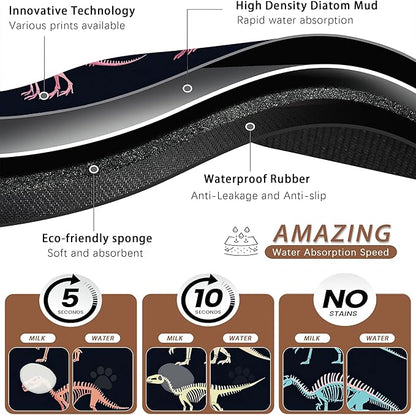 Dinosaur Skeleton Dog Cat Food Mat,Vintage Color Absorbent Pet Feeding Mat with Rubber Backing,Non-Slip Water Bowl Placemat,Indoor Pet Accessories Supplies 16"x24"