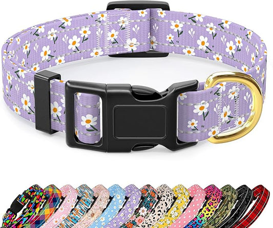 Reflective Dog Collar for Medium Dogs, Cute Flower Theme Adjustable Heavy-Duty Nylon Puppy Collar for Boy and Girl Female, Soft Pet Accessories with Quick Release Buckle, Purple White