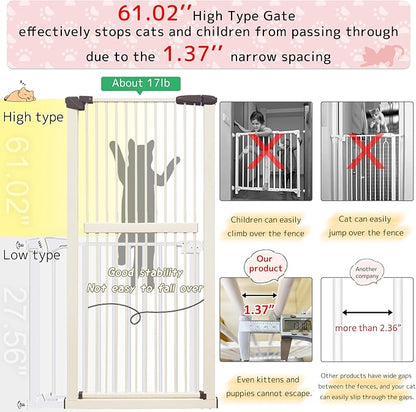 Lumizone Extra Tall Cat Gate 61.02" High Pressure Mounted Extra Wide 26.38"-30.11" (17Sizes) 1.37" Gap No Drilling Auto-Close Tall Pet Gate for Dogs (Cream, 26.38"-30.11" W)