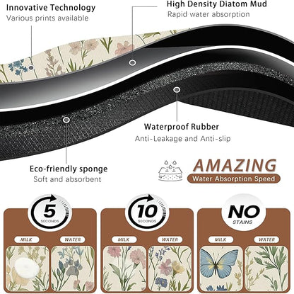 Wildflowers Dog Cat Food Mat,Vintage Botanical Garden Plants Herb Butterfly Absorbent Pet Feeding Mat for Food and Water,Non-Slip Dog Bowl Mats Floor Protector 16"x24"