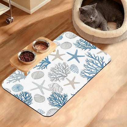 Seashell Beach Feeding Mat,Coral Starfish Absorbent Quick-Dry Cat Dog Food and Water Bowl Mats,Non-Slip Rubber Backing Mat,Cat Dog Accessories Supplies 12" x 20"