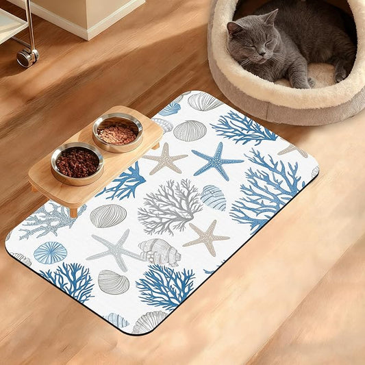 Seashell Beach Feeding Mat,Coral Starfish Absorbent Quick-Dry Cat Dog Food and Water Bowl Mats,Non-Slip Rubber Backing Mat,Cat Dog Accessories Supplies 12" x 20"