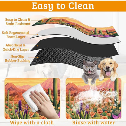 Pet Feeding Mat,Cactus Absorbent Dog Cat Food Mat Desert Dog Mat with Rubber Backing,Non-Slip Water Bowl Placemat,Pet Supplies 16" x 24"