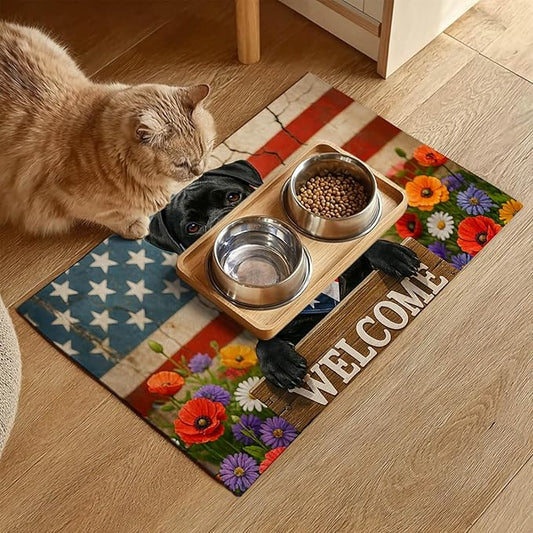 Patriotic 4th of July Flag Dog Pet Food Mat Independence Day Spill-Proof Pet Feeding Mat USA Welcome Dog Bowl Mats Pets Placemat Cat Food Mats for Home Decor 24" x 16"