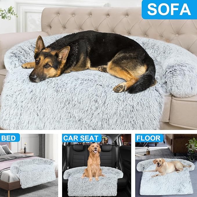 Luxurious Dog Couch Bed Protector for Dogs Memory Foam, Removable Fluffy Plush Pet Couch Cover for Dogs Washable, Calming Dog Sofa Beds, Waterproof Couch Protector, Pet Beds Mats for Couch(XXL)