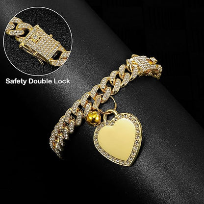 Hillban Dog Chain Gold-Plated Diamond Collar with Heart Rhinestones Jewelry Pet ID Tag Chain Bling Puppy Collar with Personalized Name Tag for Small Medium Large Dog Cat(Gold,8 Inch)