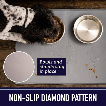 Leash Boss Silicone Pet Bowl Mat - Non-Slip Surface Secures Dog Food Tray - Raised Edge Spill Guard Cat Water Mat - Dishwasher-Safe Silicone Tray for Dog Food & Water - XL 25 x 17 in, Beige