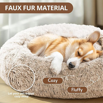 JOLLYVOGUE Calming Small Dog & Cat Bed for Indoor Cats - 20 inches Washable Donut Bed for Kittens & Puppies, Anti-Anxiety Round Fluffy Plush Pet Beds (Fits up to 15 lbs, Cream Brown)