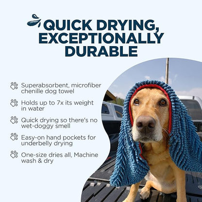 Soggy Doggy Super Shammy Dog Towel - Microfiber Chenille Towel for Drying Dogs and Cleaning Paws - Fast Drying with Hand Pockets for Ease (Blue/Red Trim, 31” x 14”)