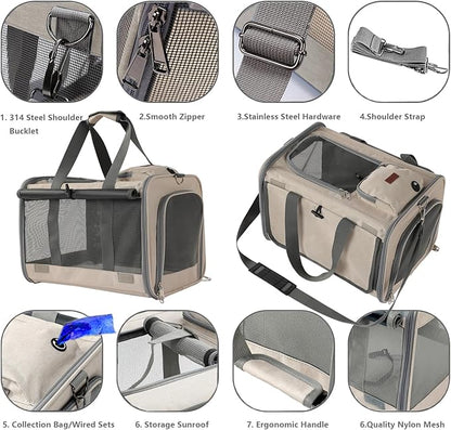 Small Dogs Carriers Airline Approved Khaki Softside Cats Carrier Travel Bag for Medium Large Cats,Puppies,with Large Pocket,Sunshade Curtains,Privacy Protection,Breathable,Outdoor