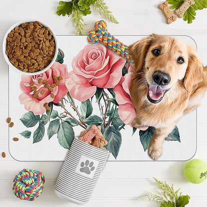 Pink Rose Pet Feeding Mat,Vintage Absorbent Quick-Dry Cat Dog Food and Water Bowl Mats,Non-Slip Rubber Backing Mat,Cat Dog Accessories Supplies 12"x20"
