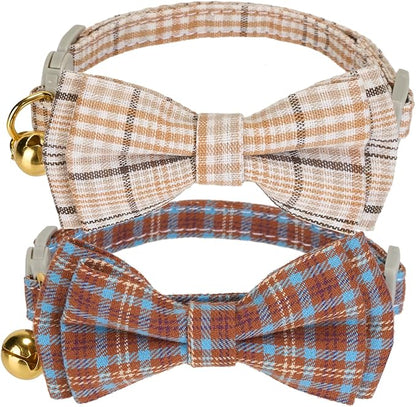 2 Pack Cotton Cat Collar, Removable Bowtie, Plaid Pattern, Safety Breakaway Clasp, Adjustable for Cats.(Adult Cat, Beige and Red)