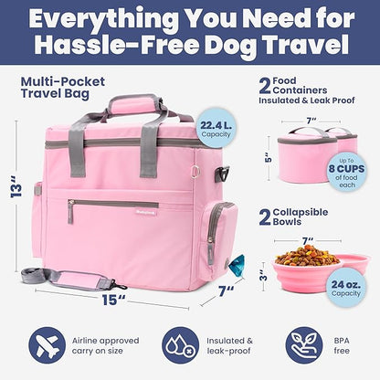 The Original Doggy Bag™ - Complete Dog Travel Bag for Supplies with 2 BPA-Free Travel Bowls & 2 Pet Food Containers - A Dog Mom Gift for Day Trips, Camping, Road Trips & Weekends Away: Lt. Pink
