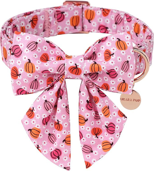 Halloween Pumpkin Dog Collar with Bow Tie, Pink Halloween Puppy Bowtie Collar with Adjustable Metal Buckle,Fancy Dog Collar Bowtie for Girl Boy Dog,L