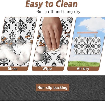 Vintage Damask Flower Dog Cat Food Mat,White Black Floral Absorbent Pet Feeding Mat for Food and Water,Non-Slip Dog Bowl Mats Floor Protector 12"x20"