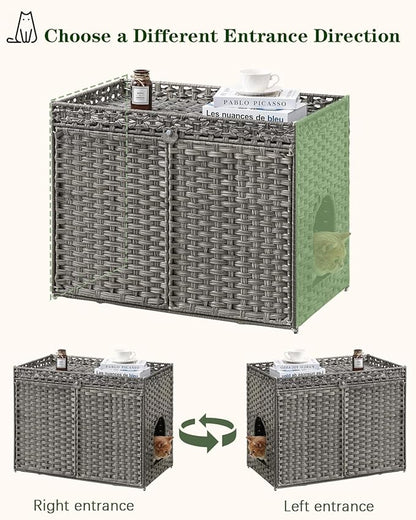 Cat Litter Box Enclosure Furniture, Handwoven Rattan Hidden Litter Box with Mat, Large Space Cat House with 2 S-Shaped Hooks 30.3 x 18.3 x 24.4 Inches, Indoor for Living Room Apartment Gray