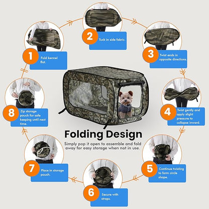 Beatrice Home Fashions Portable, Collapsible, Pop Up Kennel Travel Cat and Dog Crate, 32.5" L x 19.5" W x 19.5" H, Camo Green