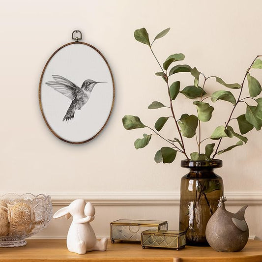 DILSJ Vintage Hummingbird Sketch Oval Wall Art Decor, Rustic Farmhouse Hummingbird Canvas Wall Art Framed, Neutral Bird Hanging Decorations for Home Living Room Bedroom, 11x8.5 Inch