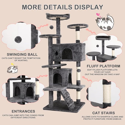 Heavy Duty Cat Tree Tower, 54" Tall, Multi-Level Cat Climbing Tower with Cat Scratching Post, Bed, Hanging Ball, Ashy
