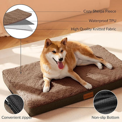 Patas Lague Orthopedic XL Dog Bed Large Sized Dog 42''X28'', Soft Waterproof Egg Crate Foam Large Pet Crate Beds Mat with Removable Washable Cover and Non-Slip Bottom, Brown