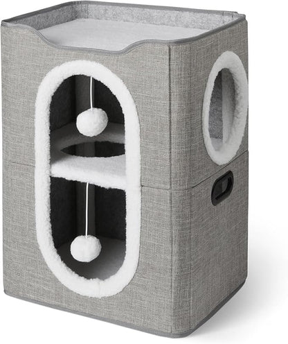 Amazon Basics 2-Cube Cat House with Sisal Scratch Pad and Dangle Toy, Grey