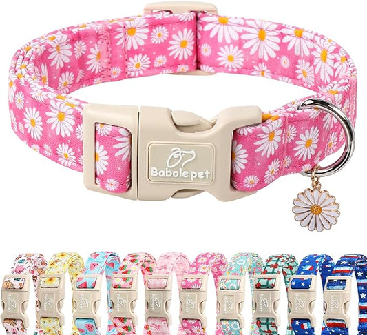 Summer Daisy Dog Collar, Cute Floral Adjustable Pink Dog Collars for Giant Large Dogs, Lightweight Quick-Release Buckle Collar for Boy&Girl Dogs XL