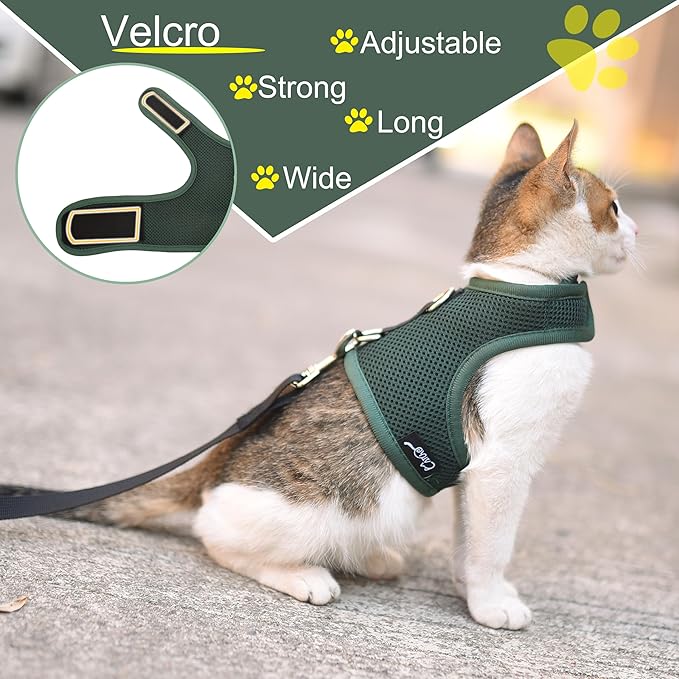 Cat Harness and Leash for Walking Escape Proof Breathable Mesh Fabric, Solid Green, Large, Adjustable Cat Walking Jackets, Padded Stylish Cat Vest
