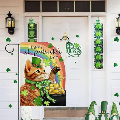 Dyrenson Happy St Patricks Day Orange Cat Decorative Garden Flag, Pet Rainbow Pot of Gold Yard Outside Home Decorations, Spring Irish Shamrock Clover Burlap Outdoor Small Decor Double Sided 12 x 18