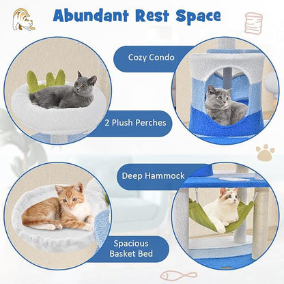 Tangkula Ocean-Themed Cat Tree, Multi-Level Cat Tower with Sisal Scratching Posts, Condo, Perch, Hammock, Jump Platforms, Hanging Interactive Toys, Cute Cat Activity Center for Indoor Cats (65 Inch)