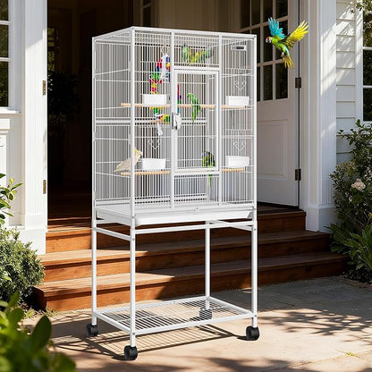 VIVOHOME 54 Inch Wrought Iron Large Bird Flight Cage with Rolling Stand for Parakeets Canaries Cockatiels Lovebirds Conures, White