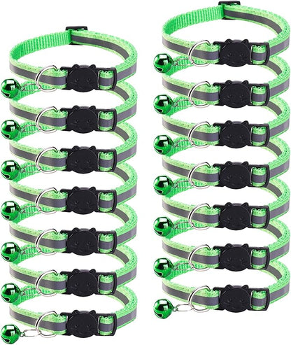 14 Pack Breakaway Cat Collar with Bell, Reflective Kitten Collar for Girl Boy Cats, Safety Buckle Adjustable 7.5-12.5 Inch, 0.4 Inch Width Lightweight, Pet Gifts (Light Green)