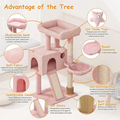 36-Inch Cat Tree for Small Cats, Multi-Level Cat Tower with Scratching Posts, Hammock, Cozy Condo & Scratching Board, Soft Pink Cat Furniture for Indoor Use