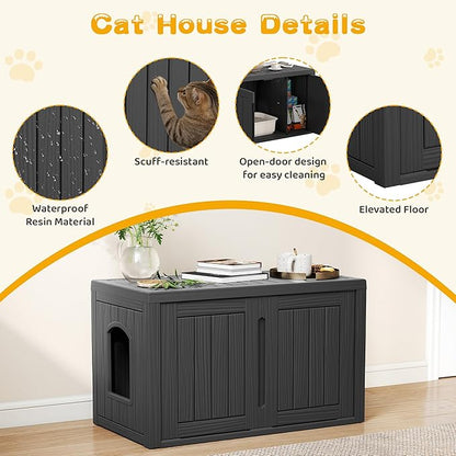 Cat Litter Box Enclosure, Multi-Functional Hidden Enclosed Litter Box Furniture with Adjustable Partition, Indoor Outdoor Cat House Weatherproof, Side Table, Easy to Clean & Assemble, Black