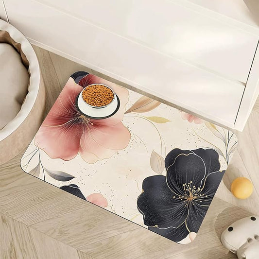 Pink Floral Pet Feeding Mat,Boho Flower Absorbent Quick-Dry Cat Dog Food and Water Bowl Mats,Non-Slip Rubber Backing Mat,Cat Dog Accessories Supplies 16"x24"