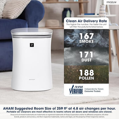 SHARP Air Purifier for Medium Rooms – Covers up to 1,253 sqft in one hour, True HEPA Filter Air Purifier for Pets, Dust, Smoke, Pollen - FPK50UW